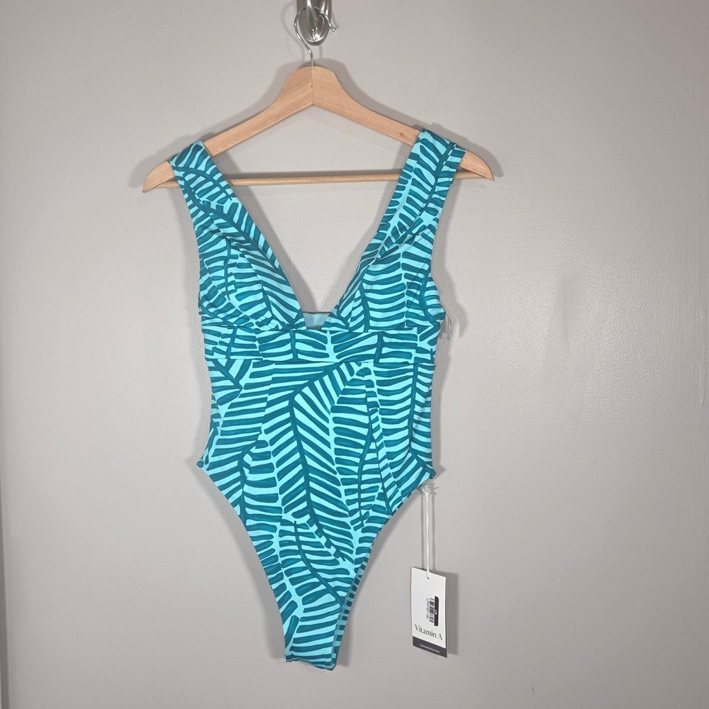 Vitamin A Plunge One Piece Swimsuit Womens M Tropical High Cut Sustainable NWT